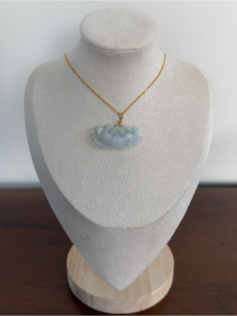 Certified Grade A Burma Jade Lotus Flower Pendant Necklace